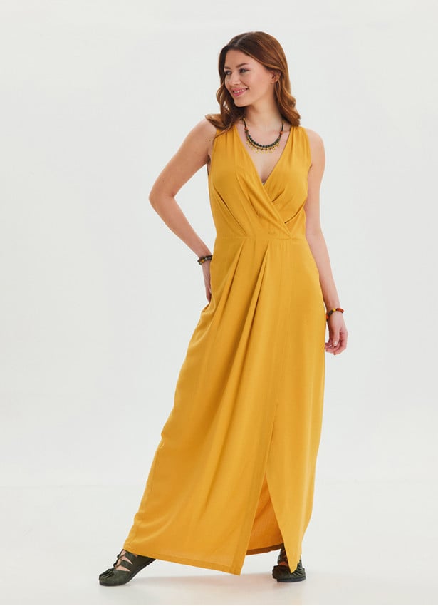 V Neck Slit Detailed Yellow Long Dress 4453